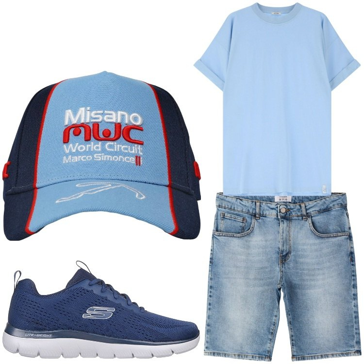 Outfit uomo - T-shirt. Stile Casual per Tutti i giorni. Abbinamento con cappelli, bermuda, t-shirt, sneakers.