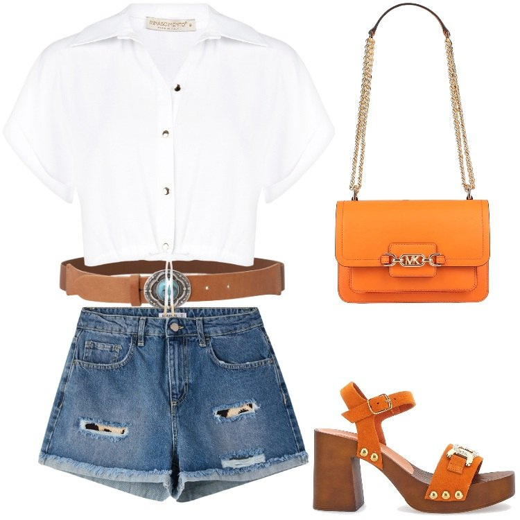 Outfit donna - Total look #2196539. Stile Boho per Mare. Abbinamento con borse a spalla, shorts, camicie a manica corta, cinture, zoccoli.