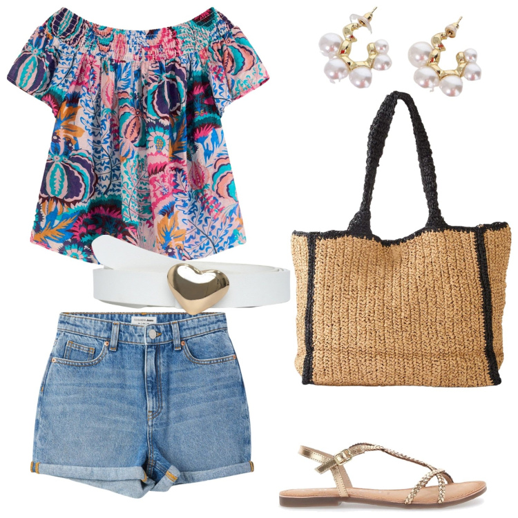Outfit donna - Vacanze al mare. Stile Casual per Tutti i giorni. Abbinamento con shopping bag, bluse, shorts, cinture, orecchini, sandali.