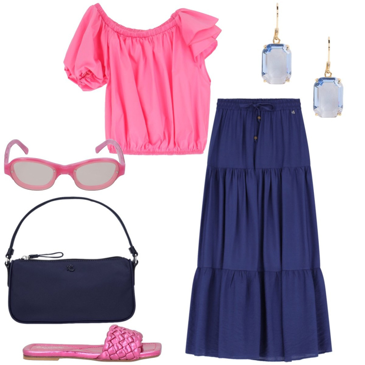 Outfit donna - In vacanza. Stile Boho per Tutti i giorni. Abbinamento con sandali, top, gonne lunghe, orecchini, pochette, occhiali da sole.