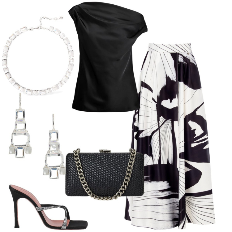 Outfit donna - Serata elegante. Stile Chic per Serata fuori. Abbinamento con sandali in pelle, gonne lunghe, clutch, top, orecchini, collane.