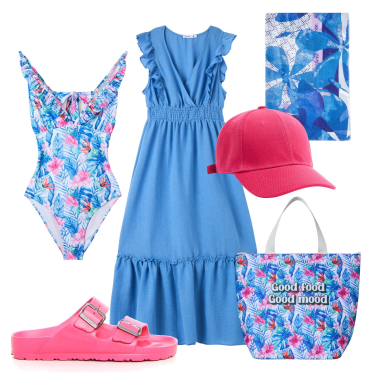 Outfit donna - Vivace tropicale in spiaggia. Stile Trendy per Mare. Abbinamento con vestiti lunghi, costumi interi, borse tote, cappelli, stole, ciabatte.
