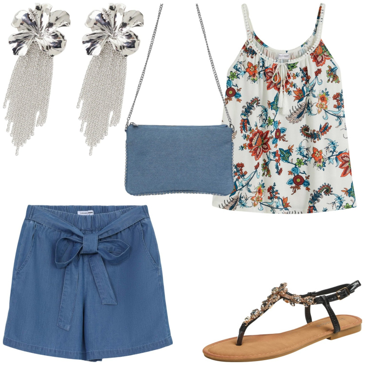 Outfit donna - Bantoa Summer Sales. Stile Casual per Tutti i giorni. Abbinamento con top, borse a tracolla, shorts, sandali gioiello, orecchini.