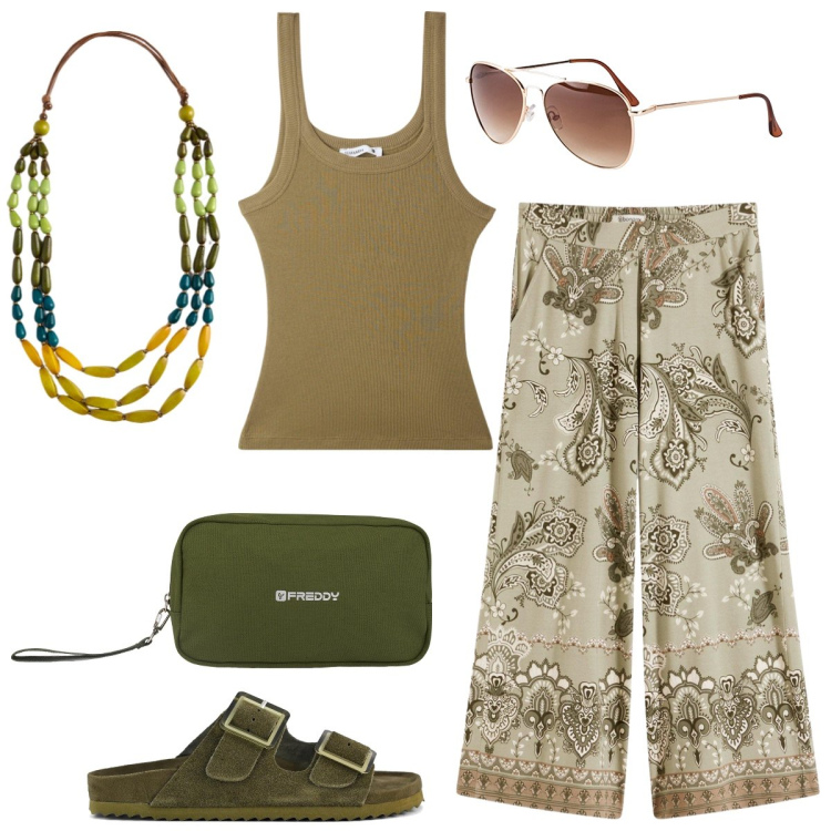 Outfit donna - In vacanza. Stile Boho per Tutti i giorni. Abbinamento con pantaloni, occhiali da sole, canottiere, valigie, collane, sandali.