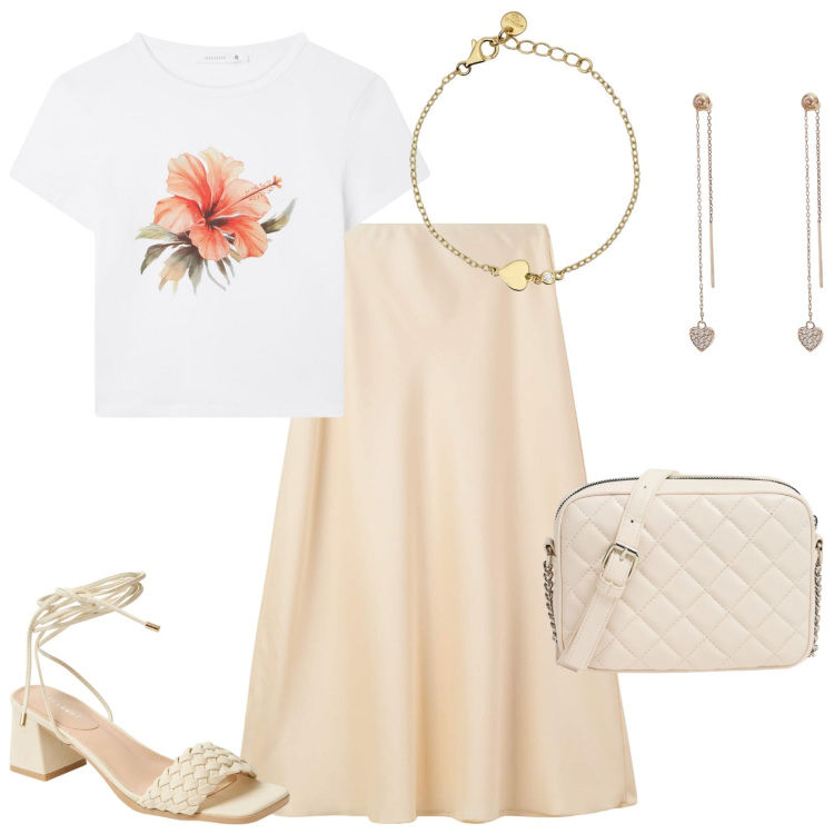 Outfit donna - In ufficio con Terranova. Stile Bon Ton per Ufficio. Abbinamento con gonne lunghe, t-shirt, sandali alla schiava, borse a tracolla, braccialetti, orecchini.