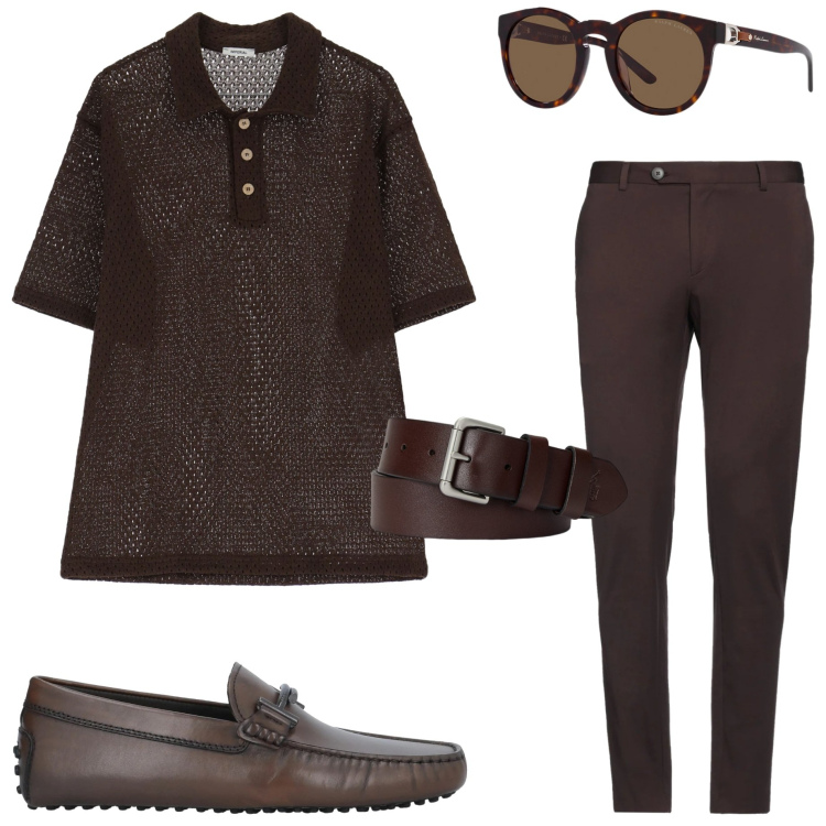 Outfit uomo - Mocha mousse. Stile Urban per Ufficio. Abbinamento con scarpe stringate, pantaloni, polo, cinture, occhiali da sole.