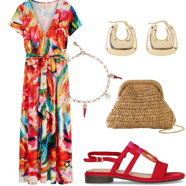 Outfit donna - Outifit di luglio. Stile Casual per Tutti i giorni. Abbinamento con vestiti lunghi, orecchini, borse a tracolla, braccialetti, sandali.