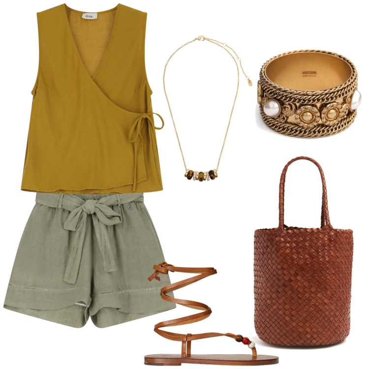 Outfit donna - Bantoa summer. Stile Casual per Tutti i giorni. Abbinamento con top, shorts, collane, sandali gioiello, braccialetti, borse a mano.