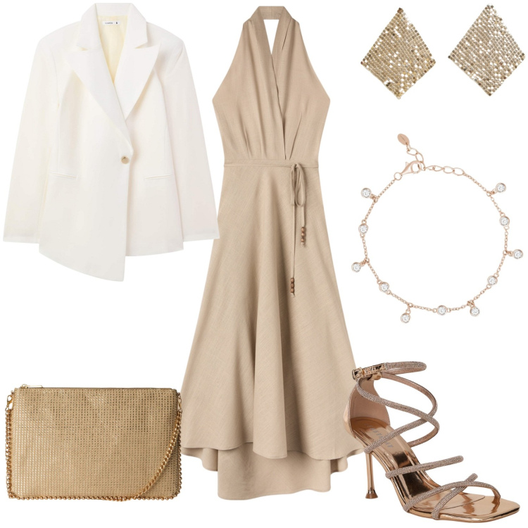 Outfit donna - Cerimonia con Terranova. Stile Chic per Cerimonia. Abbinamento con blazer, borse a tracolla, sandali col tacco, vestiti lunghi, orecchini, braccialetti.