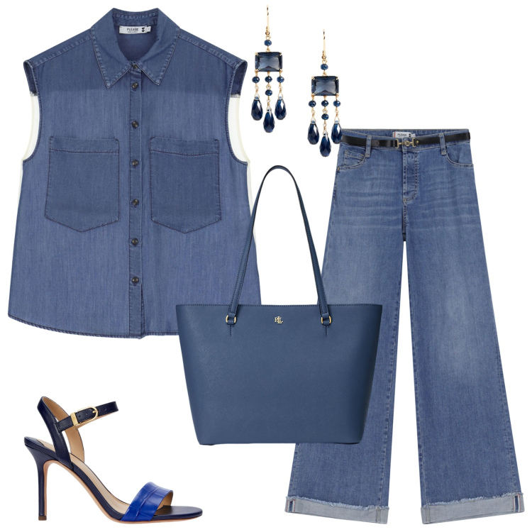 Outfit donna - Please Summer Sale. Stile Casual per Ufficio. Abbinamento con jeans, camicie, borse tote, sandali in pelle, orecchini.
