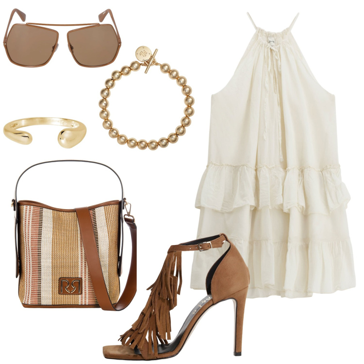 Outfit donna - Outfit bantoa. Stile Casual chic per Serata fuori. Abbinamento con anelli, borse a secchiello, décolleté, vestiti corti, braccialetti, occhiali da sole.
