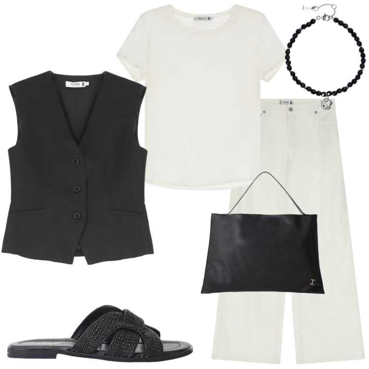 Outfit donna - Please Summer Sale. Stile Casual chic per Tutti i giorni. Abbinamento con braccialetti, pantaloni a palazzo, t-shirt, gilet, borse a spalla, sandali.