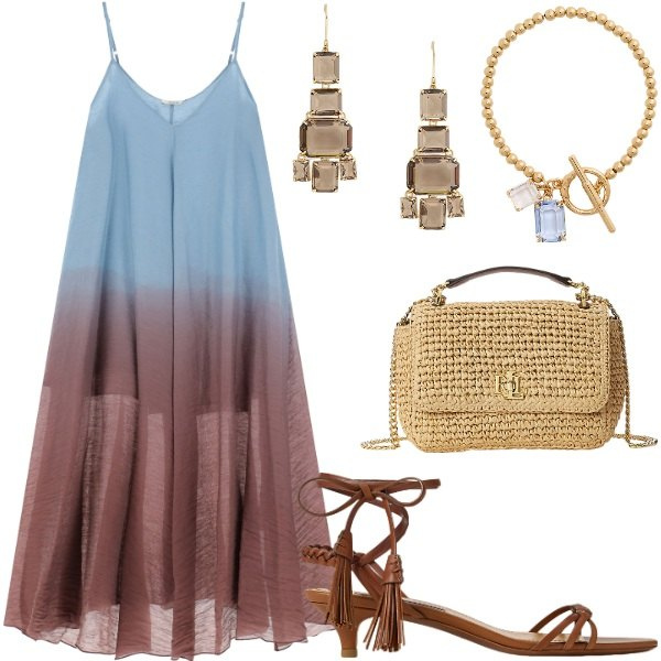 Outfit donna - Le serate di Luglio. Stile Casual chic per Serata fuori. Abbinamento con vestiti lunghi, sandali col tacco, braccialetti, borse a spalla, orecchini.