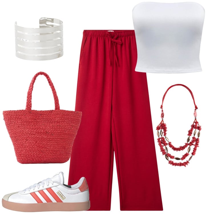 Outfit donna - Bantoa style. Stile Casual chic per Tutti i giorni. Abbinamento con shopping bag, pantaloni, top, braccialetti, collane, sneakers.
