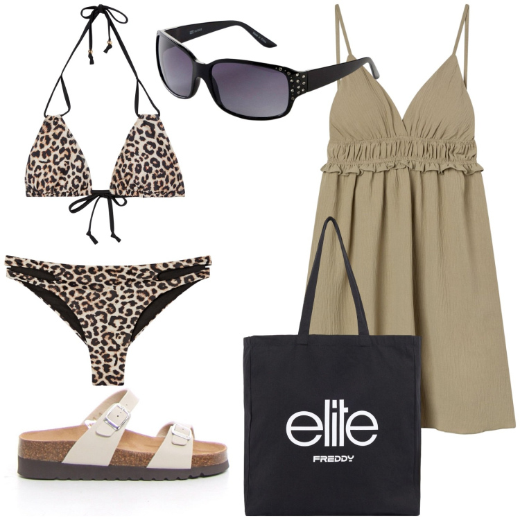 Outfit donna - Summer. Stile Sporty chic per Mare. Abbinamento con occhiali da sole, vestiti corti, bikini, bikini, shopping bag, ciabatte.