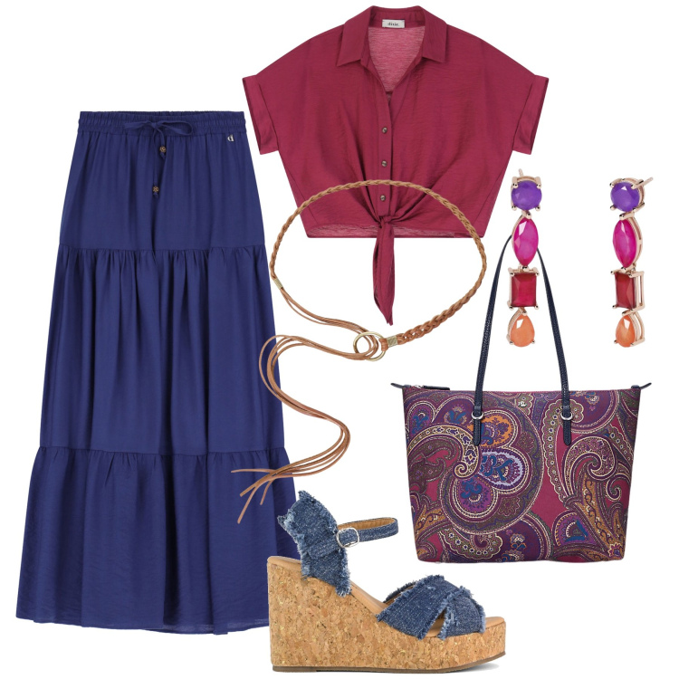 Outfit donna - Bohémien style. Stile Boho per Tutti i giorni. Abbinamento con orecchini, camicie a manica corta, gonne lunghe, cinture, borse tote, zeppe.