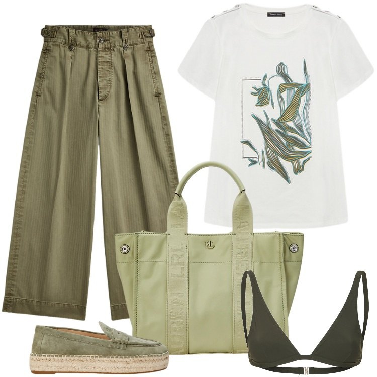 Outfit donna - Total look #2196577. Stile Boho per Mare. Abbinamento con pantaloni, espadrillas, borse tote, t-shirt, bikini.