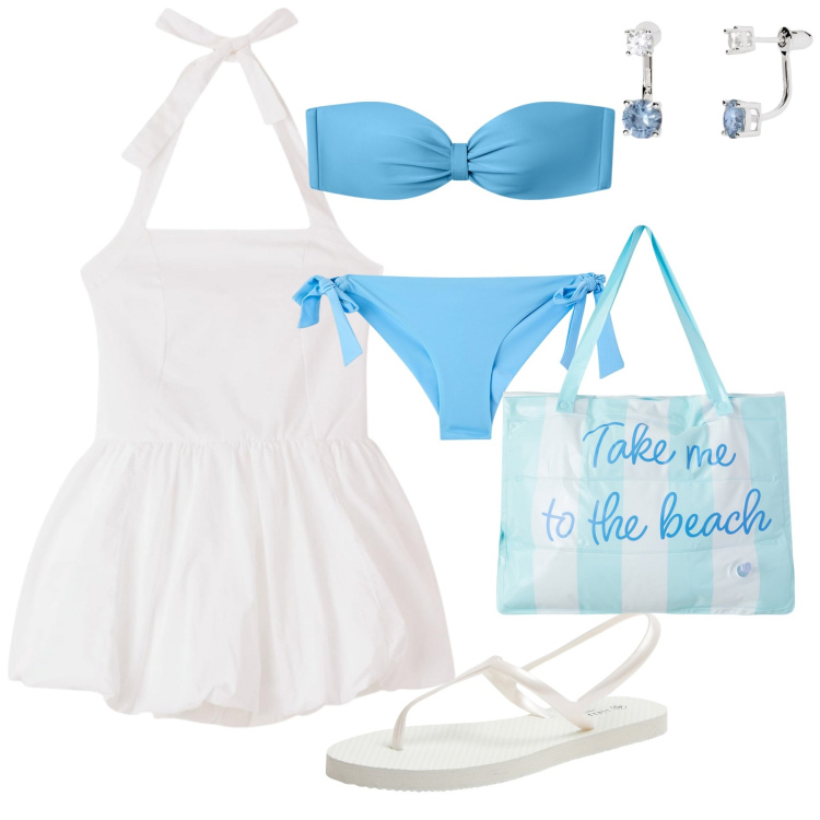 Outfit donna - Terranova summer. Stile Casual per Mare. Abbinamento con vestiti corti, sandali, borse tote, bikini, bikini, orecchini.
