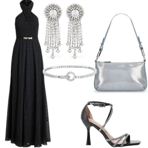 Outfit donna - Matrimonio di sera. Stile Glamour per Cerimonia. Abbinamento con braccialetti, sandali col tacco, vestiti, orecchini, borse a spalla.