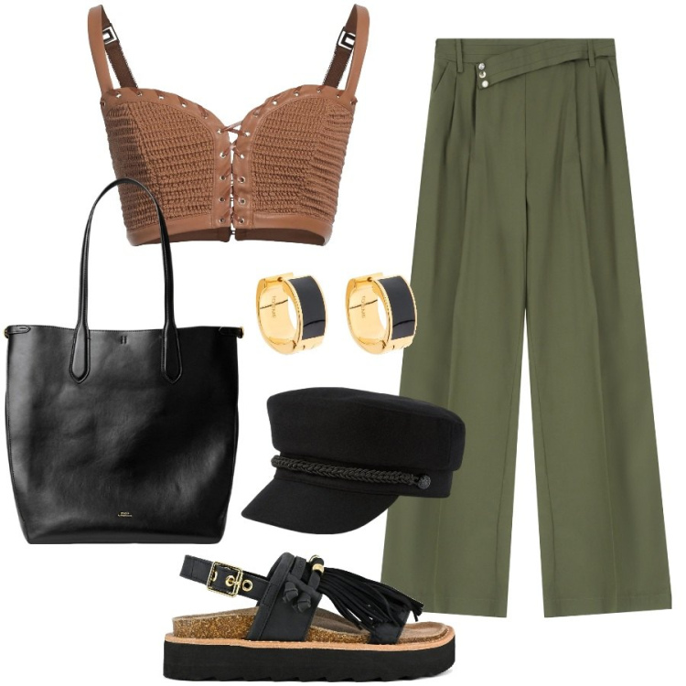 Outfit donna - Outfit grintoso. Stile Rock per Tutti i giorni. Abbinamento con top, pantaloni, cappelli, borse tote, sandali, orecchini.