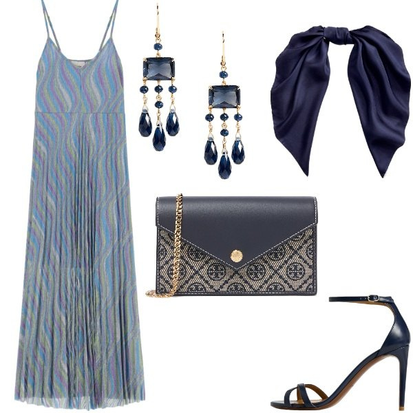 Outfit donna - Le cerimonie di Luglio. Stile Glamour per Cerimonia. Abbinamento con vestiti lunghi, sandali col tacco, foulard, orecchini, pochette.