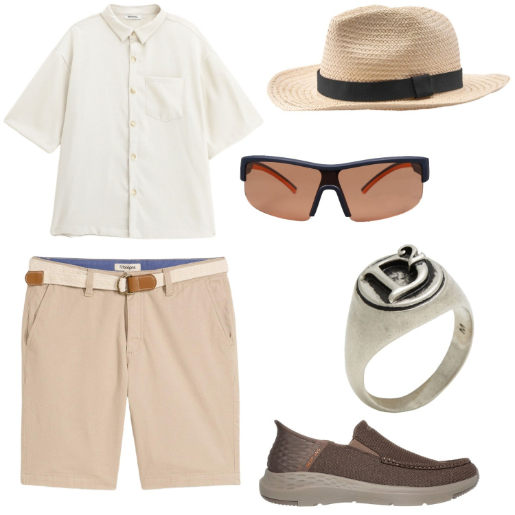 Outfit uomo - Bermuda in città. Stile Trendy per Tutti i giorni. Abbinamento con bermuda, anelli, occhiali da sole, camicie a manica corta, sneakers, cappelli.
