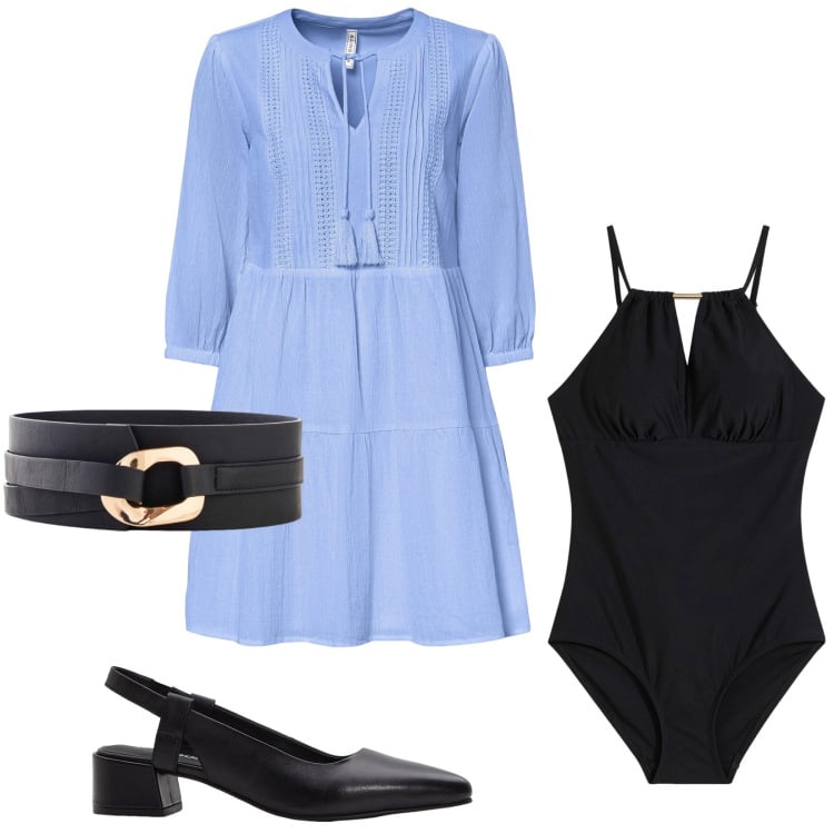Outfit donna - Bonprix Summer Sales. Stile Minimal per Mare. Abbinamento con vestiti da spiaggia, costumi interi, cinture, décolleté.
