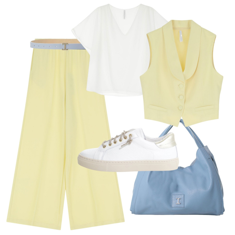 Outfit donna - Estate Imperial al lavoro. Stile Casual chic per Ufficio. Abbinamento con pantaloni, sneakers, gilet, top, pochette, cinture.