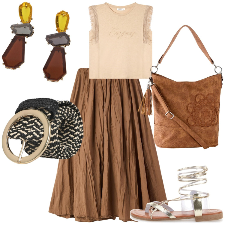Outfit donna - Serata tra amici. Stile Etnico per Serata fuori. Abbinamento con borse a mano, gonne lunghe, t-shirt, cinture, orecchini, sandali alla schiava.