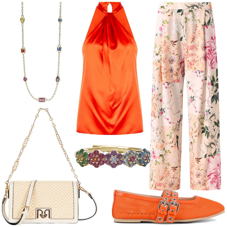 Outfit donna - Tropicana. Stile Etnico per Tutti i giorni. Abbinamento con anelli, collane, pantaloni, top, borse a tracolla, ballerine.