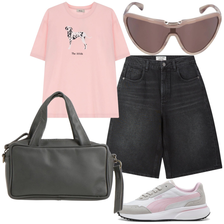 Outfit donna - Al parco col pelosetto. Stile Sporty chic per Tutti i giorni. Abbinamento con borse a mano, bermuda, t-shirt, sneakers, occhiali da sole.