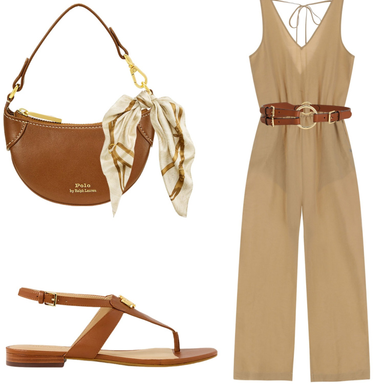 Outfit donna - Please Summer Sale. Stile Casual chic per Tutti i giorni. Abbinamento con tute, borse a tracolla, sandali, cinture, foulard.