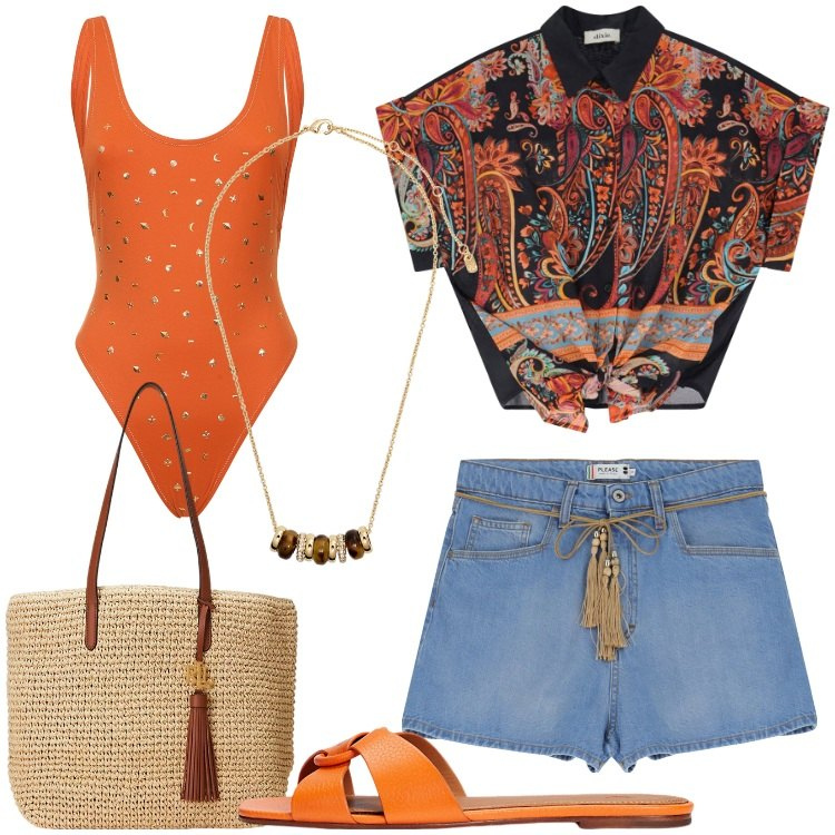 Outfit donna - Bantoa Summer Sales. Stile Etnico per Mare. Abbinamento con shorts, camicie a manica corta, collane, borse tote, sandali in pelle, costumi interi.