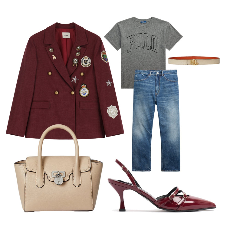 Outfit donna - S&CNY. Abbinamento con blazer, cinture, jeans, borse a mano, t-shirt, décolleté.