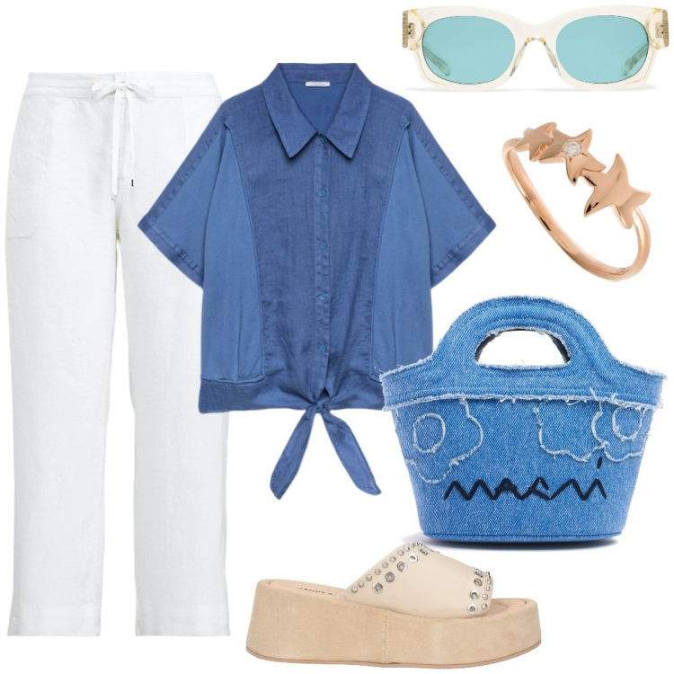 Outfit donna - La borsa denim. Stile Casual chic per Tutti i giorni. Abbinamento con sandali in pelle, pantaloni, camicie, anelli, occhiali da sole, borse a mano.