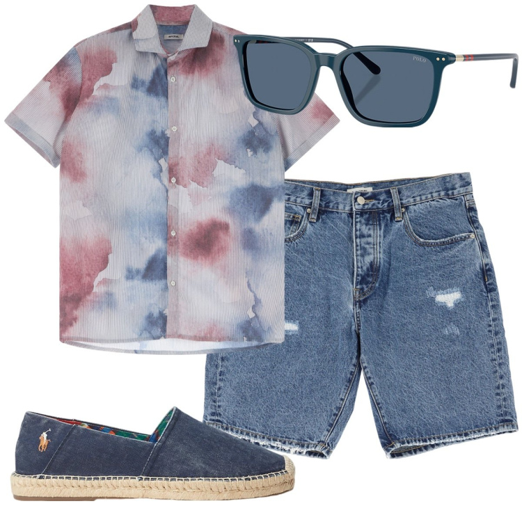 Outfit uomo - Tutti i giorni al mare. Stile Trendy per Tutti i giorni. Abbinamento con bermuda, camicie a manica corta, occhiali da sole, espadrillas.