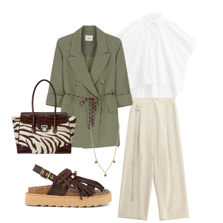 Outfit donna - S&CNY. Abbinamento con ciondoli, pantaloni, camicie a manica corta, blazer, borse a mano, sandali.