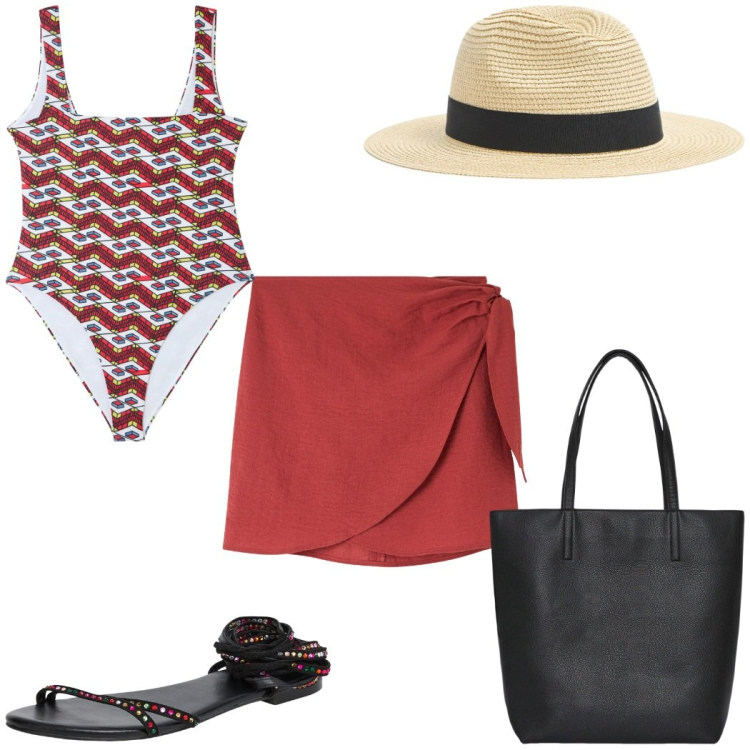 Outfit donna - Summer time. Stile Etnico per Mare. Abbinamento con costumi interi, vestiti da spiaggia, sandali alla schiava, borse tote, cappelli.