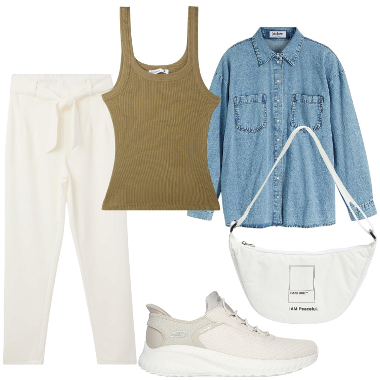 Outfit donna - Giornata in montagna. Stile Basic per Tutti i giorni. Abbinamento con camicie, pantaloni chino, marsupi, canottiere, sneakers.