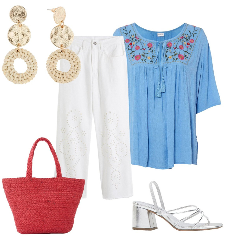 Outfit donna - La blusa etnica. Stile Etnico per Tutti i giorni. Abbinamento con pantaloni, tuniche, sandali col tacco, orecchini, shopping bag.