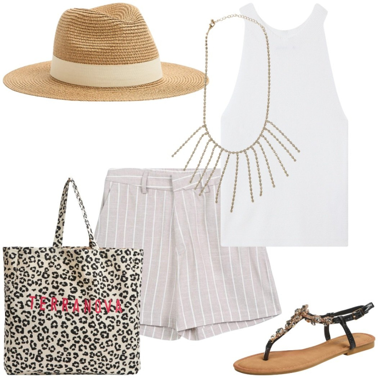 Outfit donna - Summer 2025. Stile Casual chic per Mare. Abbinamento con top, cappelli, bermuda, shopping bag, sandali gioiello, collane.