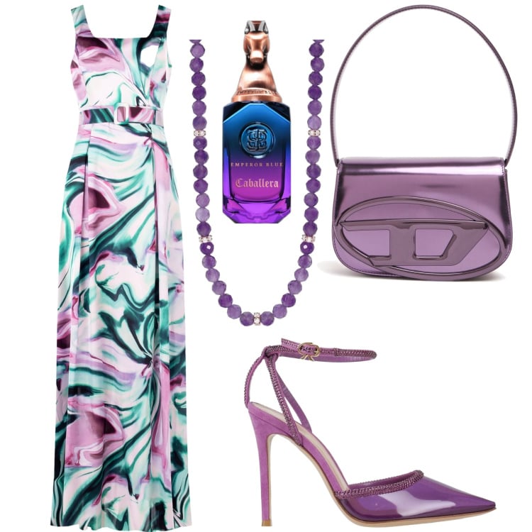 Outfit donna - Cerimonia in viola. Stile Chic per Cerimonia. Abbinamento con décolleté, profumi, collane, vestiti lunghi, borse a spalla.