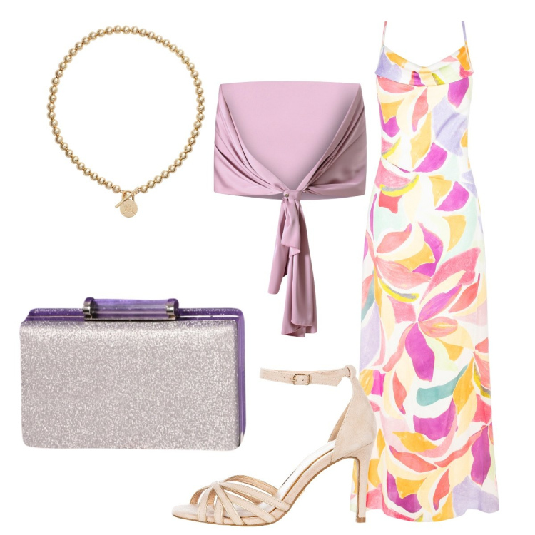 Outfit donna - Pennellate di colore. Stile Glamour per Serata fuori. Abbinamento con scialli, vestiti lunghi, sandali col tacco, pochette, collane.