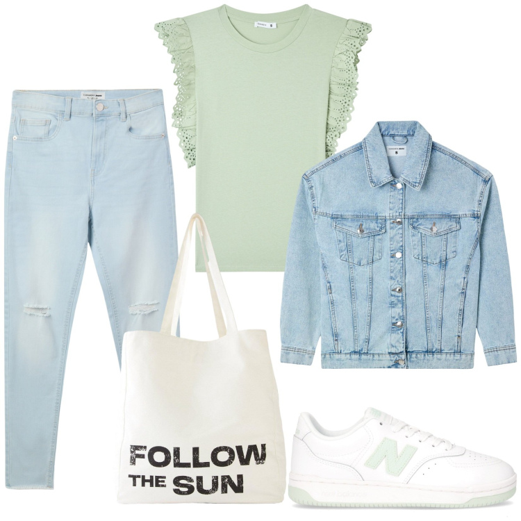 Outfit donna - Total look #2196669. Stile Basic per Tutti i giorni. Abbinamento con shopping bag, jeans strappati, t-shirt, cappotti, sneakers.