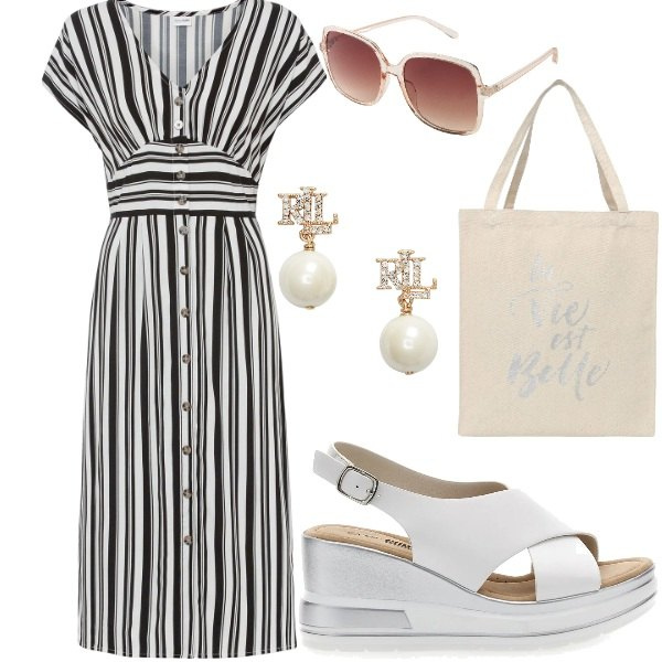 Outfit donna - Outifit di luglio. Stile Casual per Tutti i giorni. Abbinamento con vestiti, occhiali da sole, borse tote, orecchini, sandali.
