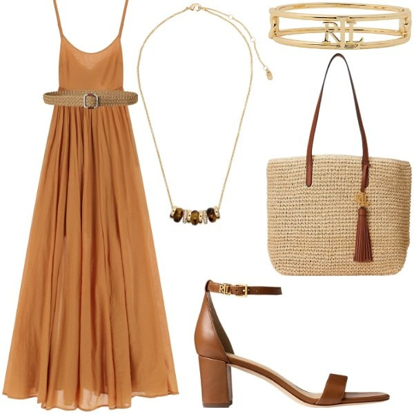Outfit donna - Compleanno in villa. Stile Glamour per Serata fuori. Abbinamento con vestiti lunghi, cinture, sandali in pelle, collane, borse tote, braccialetti.