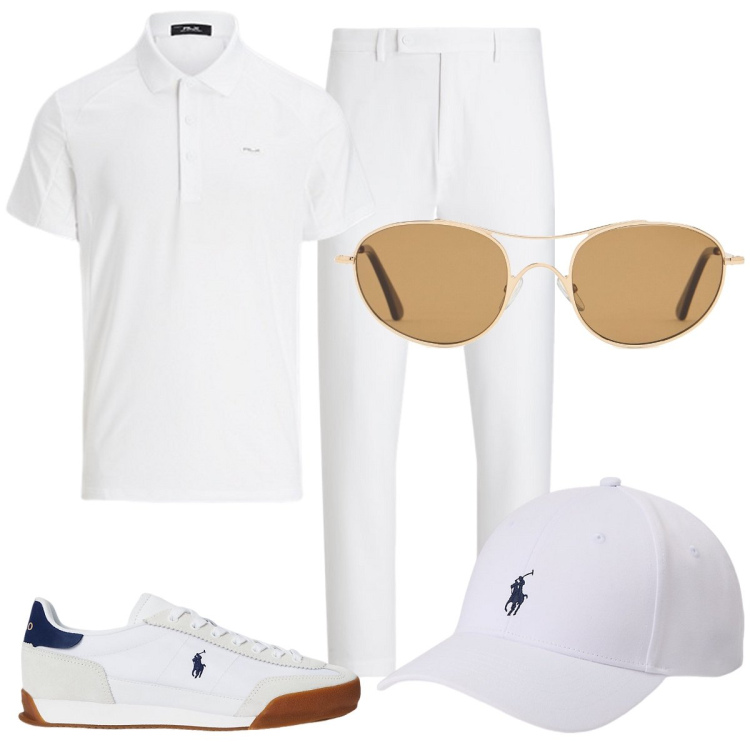 Outfit uomo - Andiamo a Wimbledon. Stile Casual per Tutti i giorni. Abbinamento con cappelli, pantaloni, sneakers, polo, occhiali da sole.