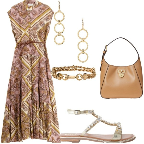 Outfit donna - A cena fuori. Stile Casual chic per Serata fuori. Abbinamento con vestiti lunghi, sandali, braccialetti, orecchini, borse a tracolla.