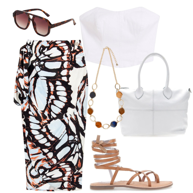 Outfit donna - Al mare. Stile Casual chic per Mare. Abbinamento con occhiali da sole, top, gonne longuette, sandali alla schiava, collane, borse a mano.