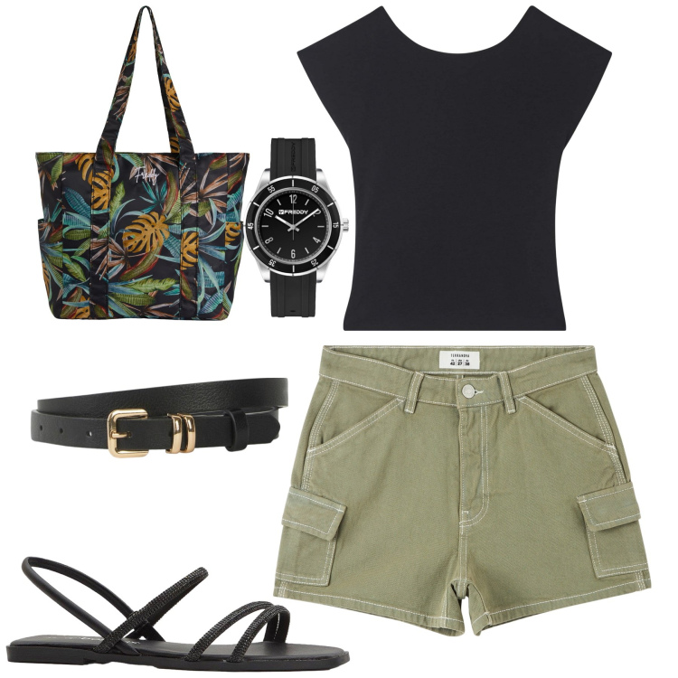 Outfit donna - Luglio. Stile Casual per Tutti i giorni. Abbinamento con cinture, sandali, t-shirt, pantaloni corti, shopping bag, orologi.